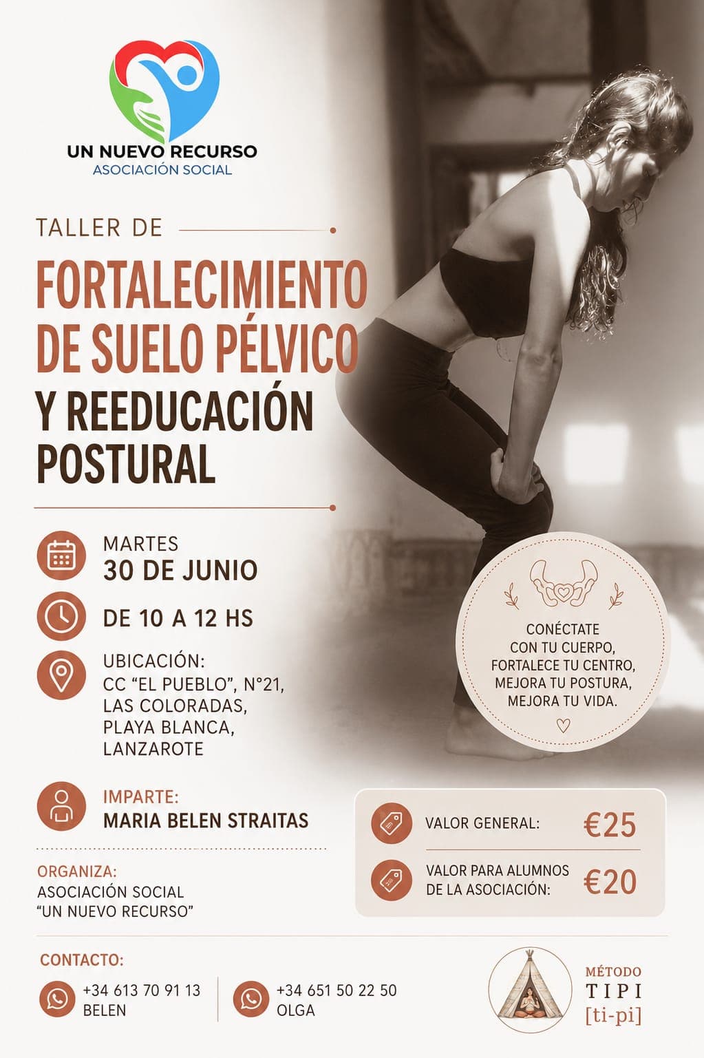 Cartel del taller de fortalecimiento de suelo pélvico y reeducación postural